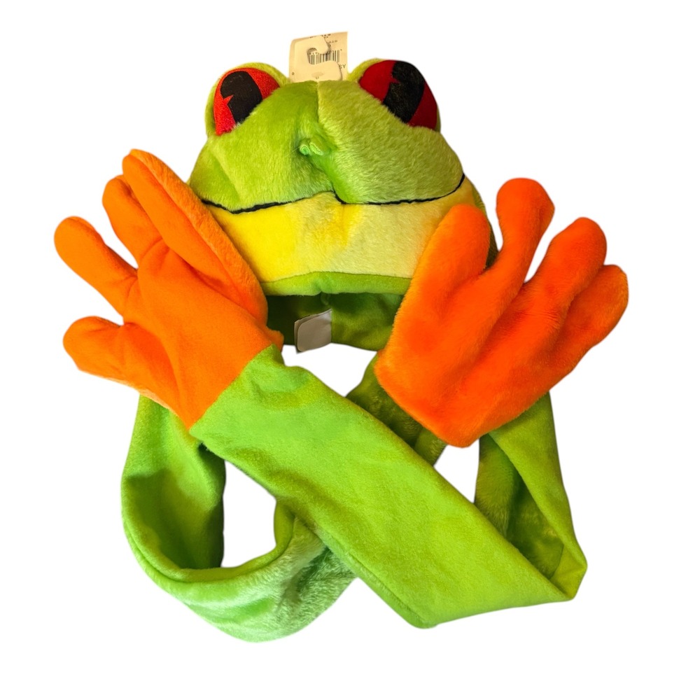 Rainforest Cafe Frog Plush Winter Hat Kids Green Scarf Hand Warmers New